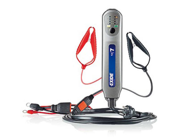 EXIDE Batterilader 12V/7A M/lykt og mulighet for fastmontering.
